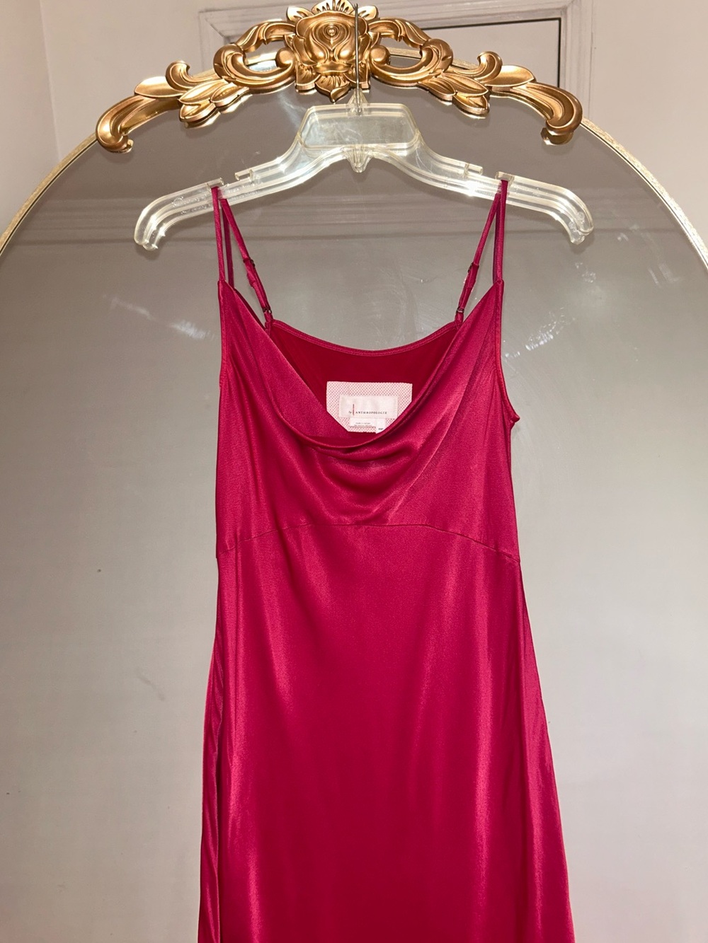 Anthropologie Satin Slip Cowl-Neck Spaghetti Strap Maxi Dress in Raspberry, XS